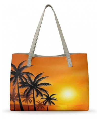 Ladies Shoulder Bags for Women Satchel Handbags Tote Bag Purse Portable Leather Tote Bag Large Laptop Purse Sunset Palm Tree ...