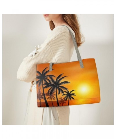 Ladies Shoulder Bags for Women Satchel Handbags Tote Bag Purse Portable Leather Tote Bag Large Laptop Purse Sunset Palm Tree ...