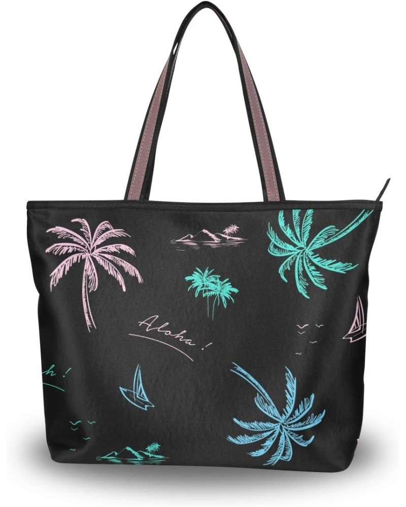 Women Zipper Handbag Medium Top Tote Shoulder Bag Colorful Neon Palm Tree Beach Casual Shopping Bag $12.00 Shoulder Bags