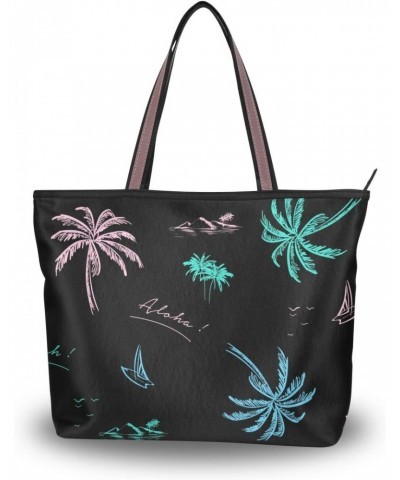 Women Zipper Handbag Medium Top Tote Shoulder Bag Colorful Neon Palm Tree Beach Casual Shopping Bag $12.00 Shoulder Bags