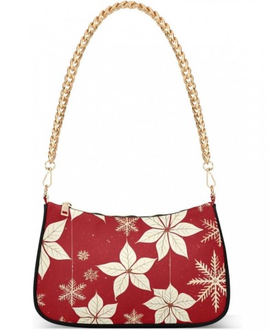 Golden Poinsettia Flower Red Christmas Shoulder Bag for Women Hobo Bags Small Chain Shoulder Bags Clutch Handbag Tote Crossbo...