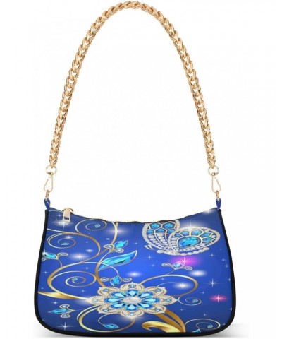 Blue Flower Butterflies Shoulder Bag for Women Hobo Tote Handbag Gold Chain Crossbody Bag with Zipper Clutch Purse Handbags $...