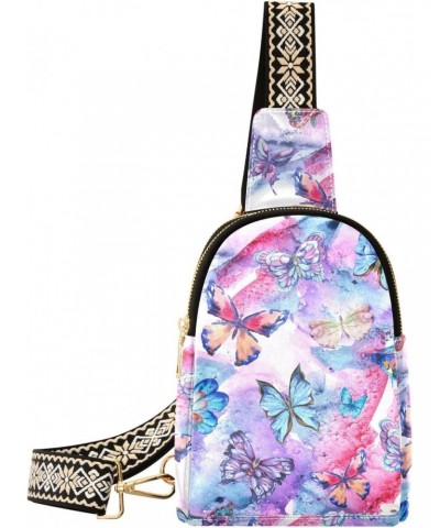 Watercolor Butterflies Crossbody Sling Bag for Women Men Leather Chest Bags Purse Adjustable Cross Body Daypack for Hiking Cy...