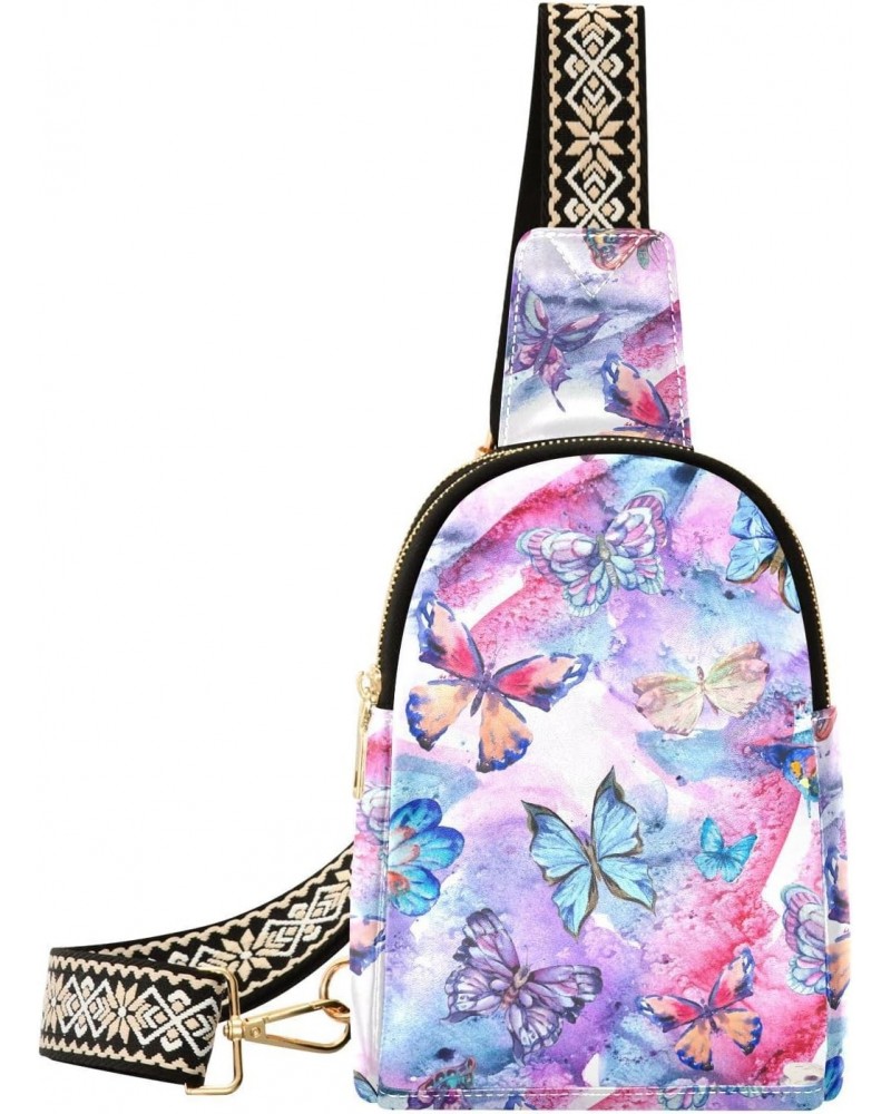 Watercolor Butterflies Crossbody Sling Bag for Women Men Leather Chest Bags Purse Adjustable Cross Body Daypack for Hiking Cy...