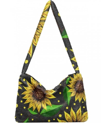 Sunflowers Black Fluffy Crossbody Bag Furry Tote Bags for Women Fuzzy Purse Handbag Lady Shoulder Bag Large Plush Bag with Zi...