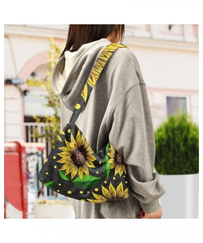 Sunflowers Black Fluffy Crossbody Bag Furry Tote Bags for Women Fuzzy Purse Handbag Lady Shoulder Bag Large Plush Bag with Zi...