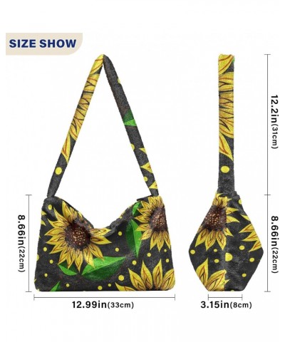 Sunflowers Black Fluffy Crossbody Bag Furry Tote Bags for Women Fuzzy Purse Handbag Lady Shoulder Bag Large Plush Bag with Zi...