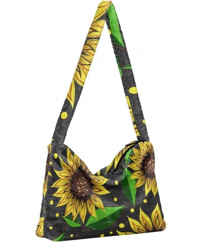 Sunflowers Black Fluffy Crossbody Bag Furry Tote Bags for Women Fuzzy Purse Handbag Lady Shoulder Bag Large Plush Bag with Zi...