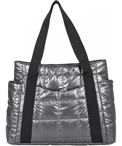 Quilted Tote Bags for Women Quilted Puffy Handbag Cotton Padded Shoulder Bag Padding Tote Bags Grey $13.60 Totes